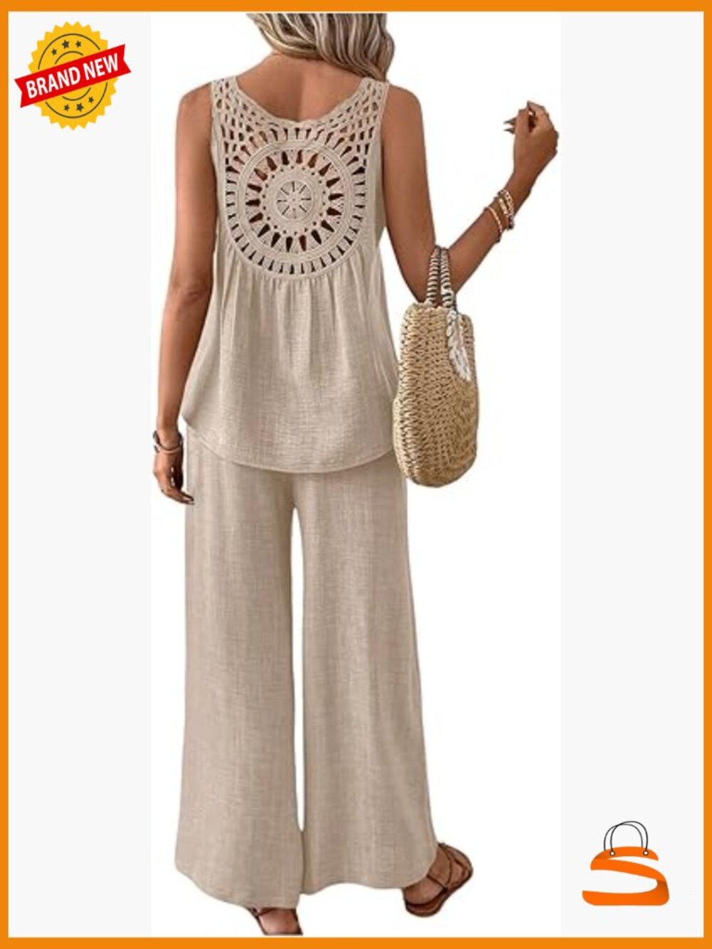 Boho Linen 2 Piece Outfit - Crochet Tank & Wide Leg Pants Set - Picture 1 of 5